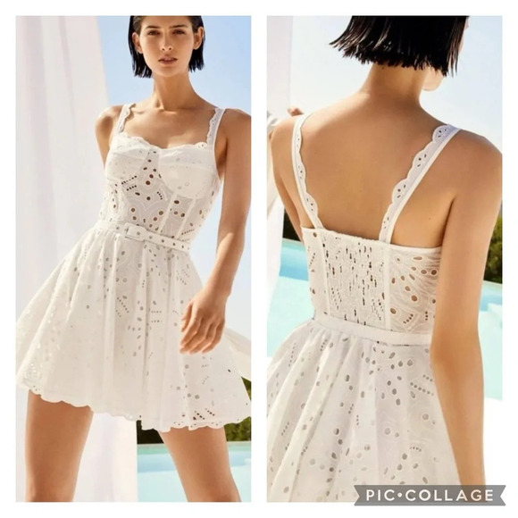 New CHARO RUIZNina Fit and Flare White Eyelet Short Mini Dress Size Large